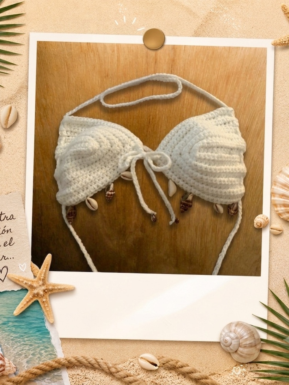 Handmade Crochet White Bikini Top with Shell Details